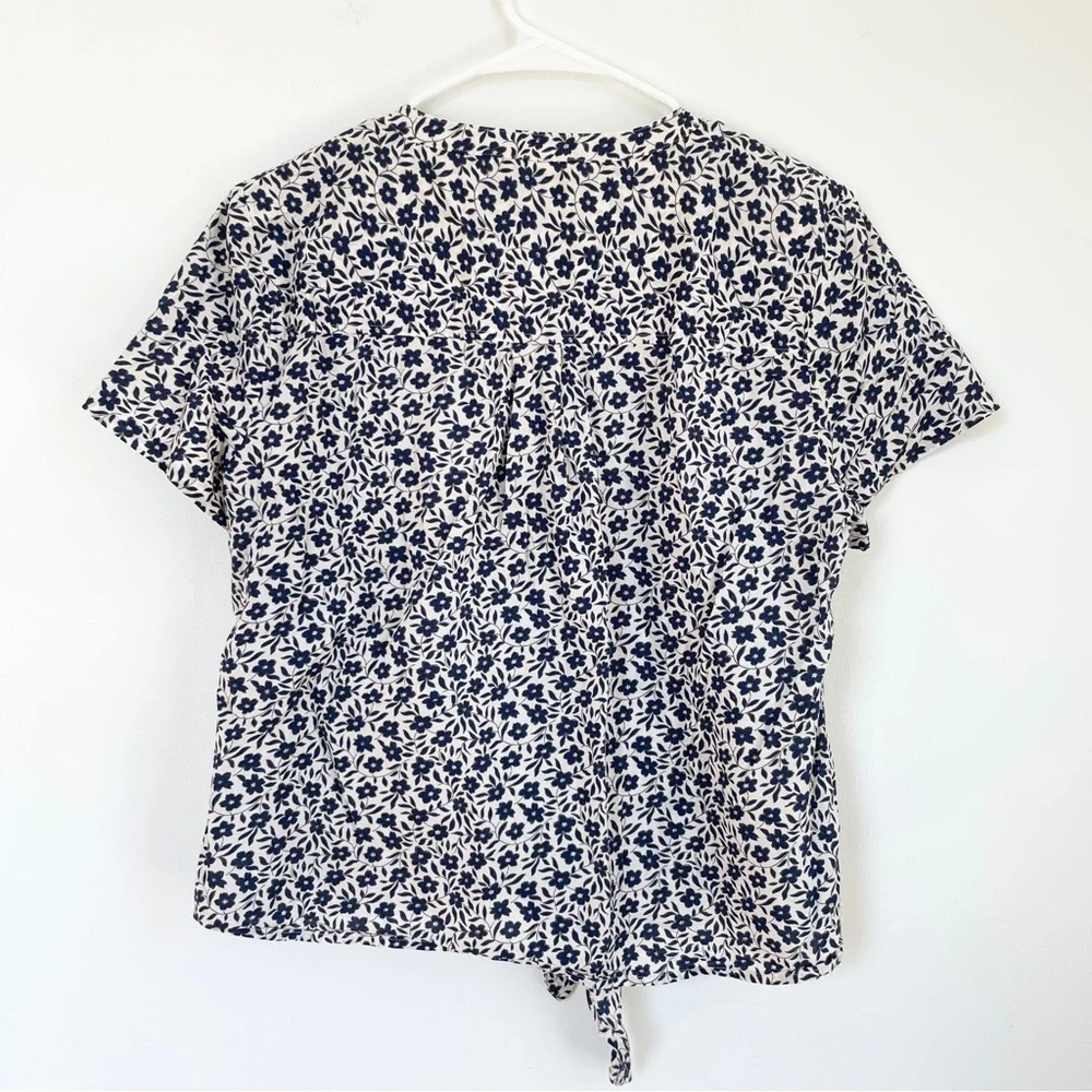 J. Crew Blue and White Puff Sleeve Tie-Front Blouse